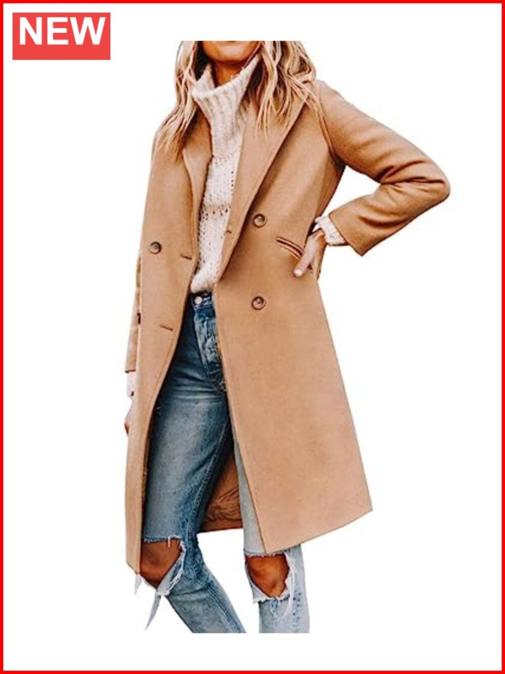 Women Double Breasted Pea Coat Notch Lapel Winter Trench Jacket